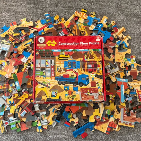 Toddler Puzzle - Wooden Floor Puzzle - 48 Pieces - Construction Site with Trucks - Picture 1 of 4
